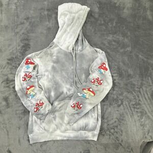 The Smurfs Pullover Hoodie Sleepy Smurf Mushroom Small Gray/White Tye Dye